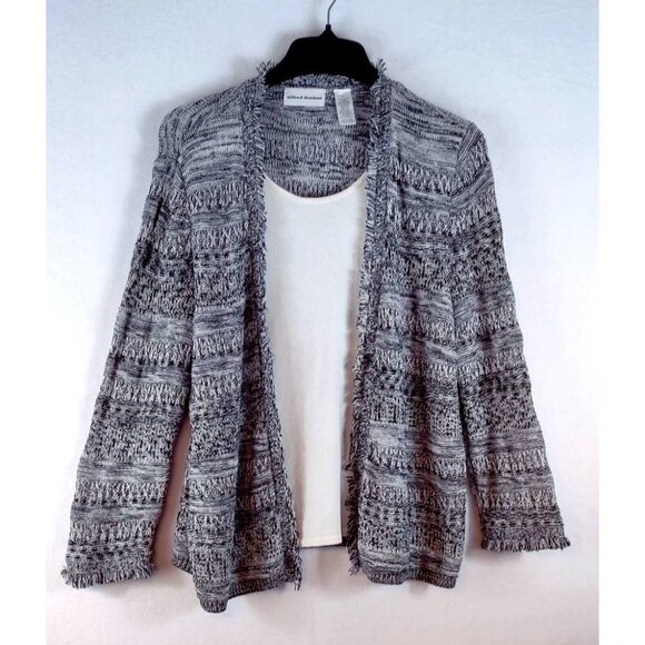 Alfred Dunner Cardigan One Piece Black White Silver Fringe Trim Shimmer Sweater - Picture 1 of 9